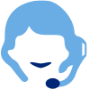 Blue icon of a person with a headset and microphone