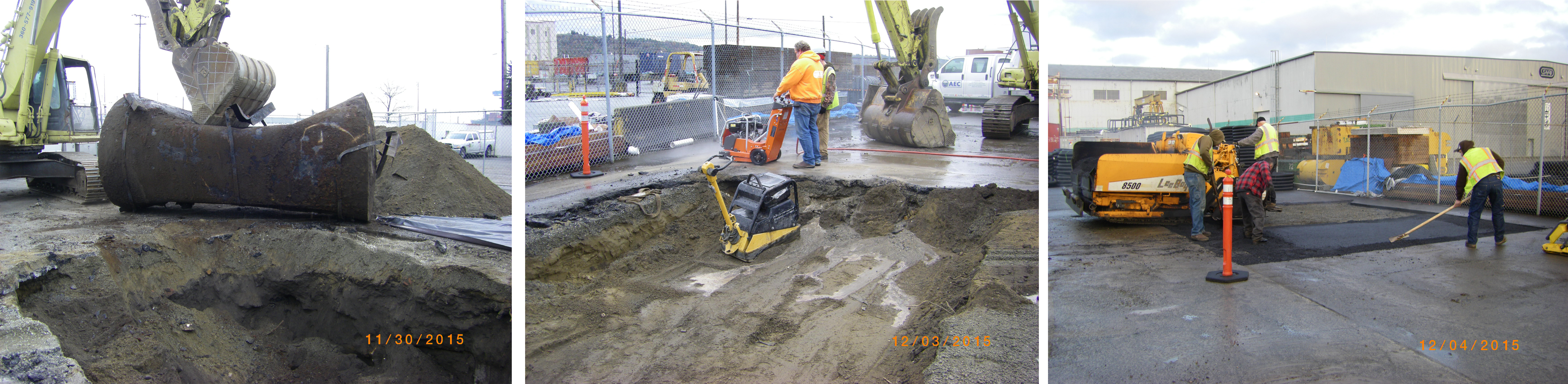 three photos of a construction site